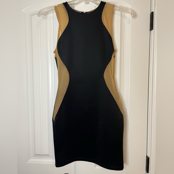 Tobi Black Bodycon Dress Tan Mesh Cutouts BARELY WORN SIZE SMALL - Picture 1 of 2